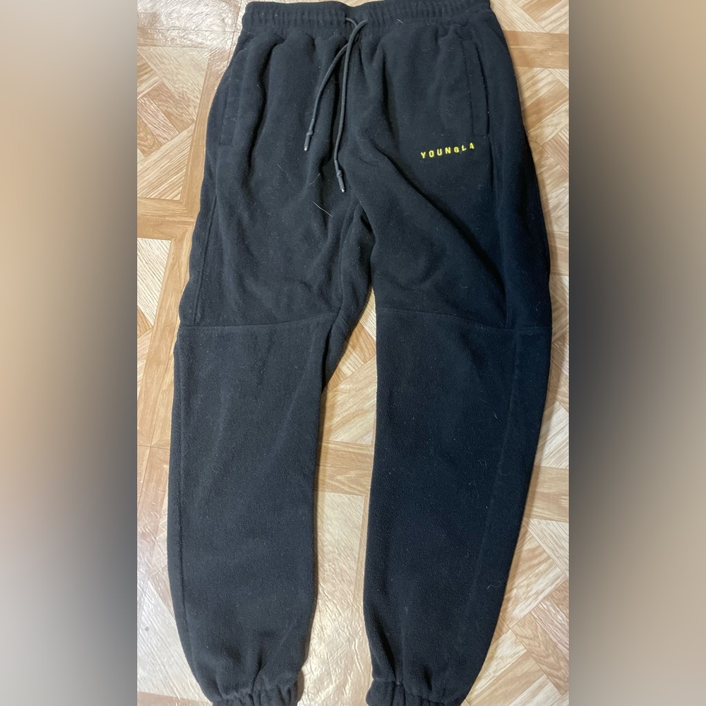 YoungLA Black Fleece Pants with Yellow Embroidery